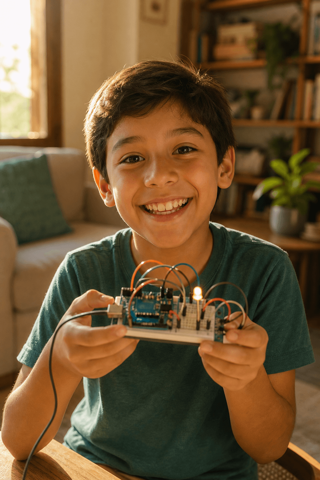Un niño sostiene con orgullo el circuito que acaba de crear