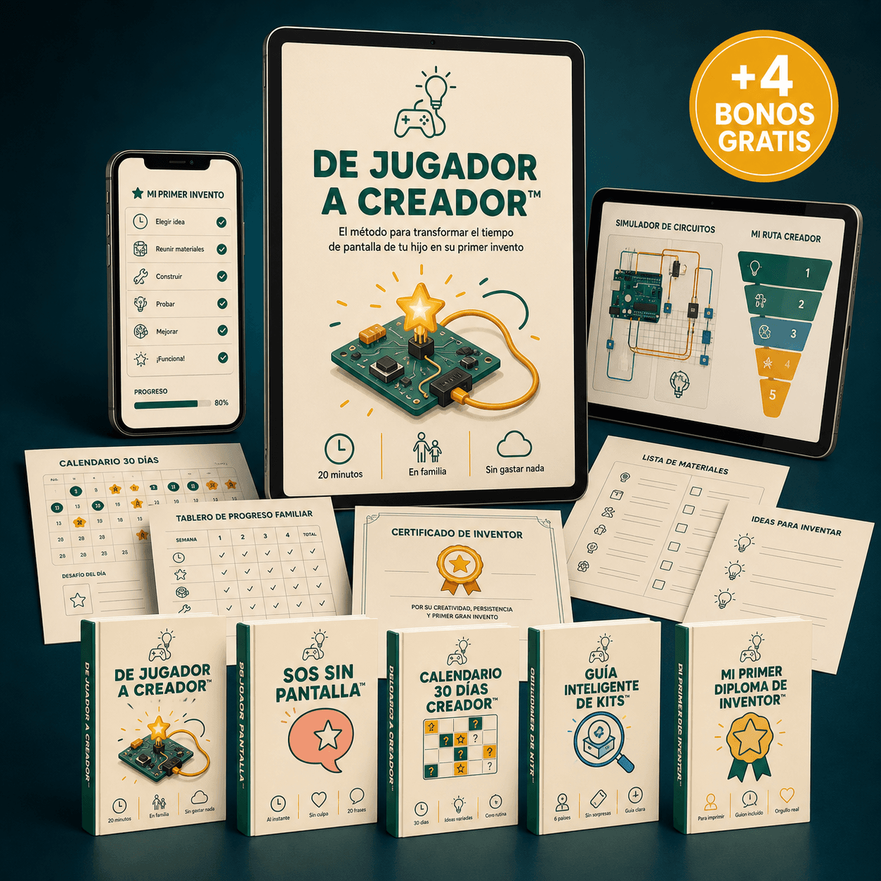 Mockup del producto De Jugador a Creador™ con cuatro bonos incluidos