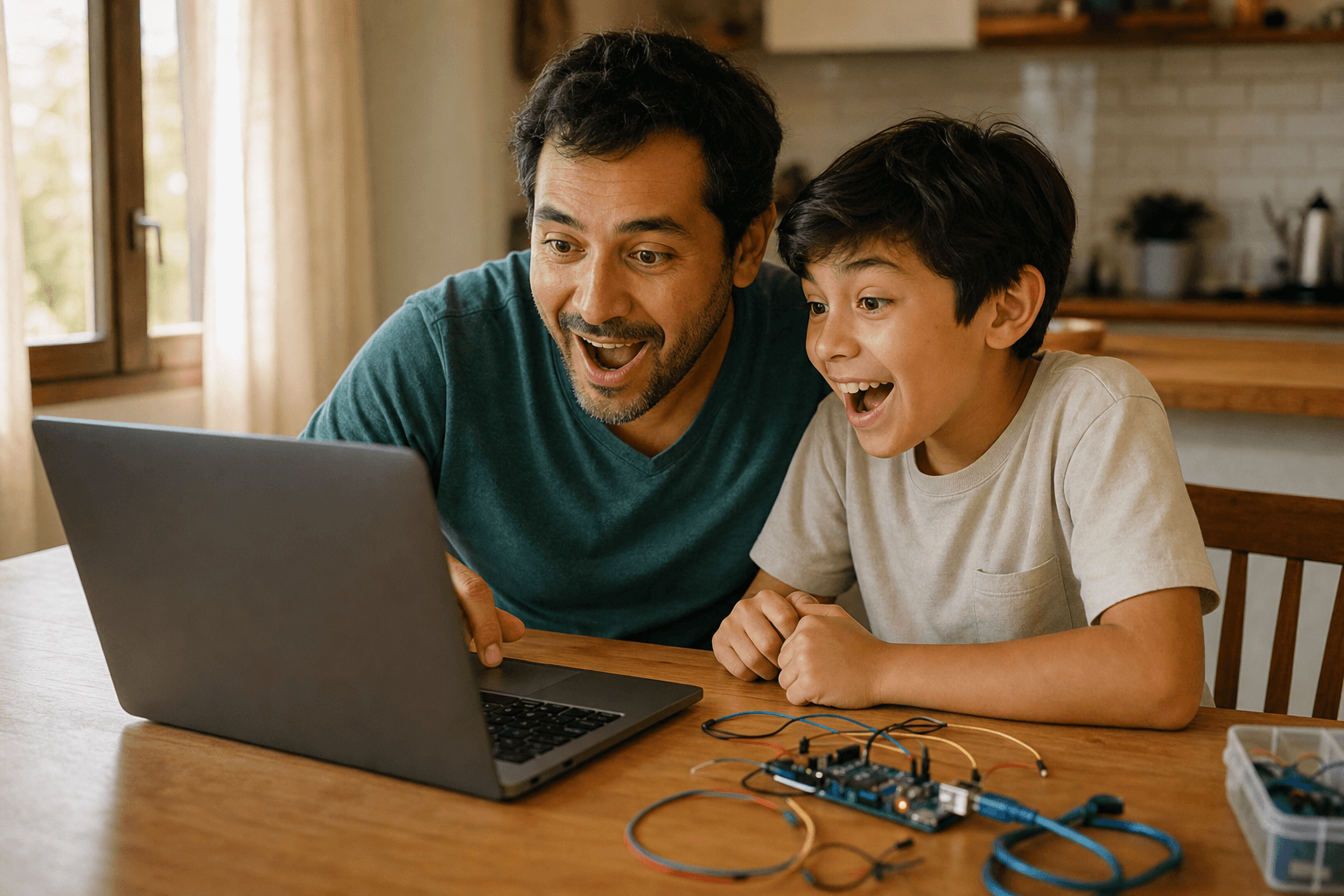 Un padre y su hijo descubren juntos su primer circuito funcionando