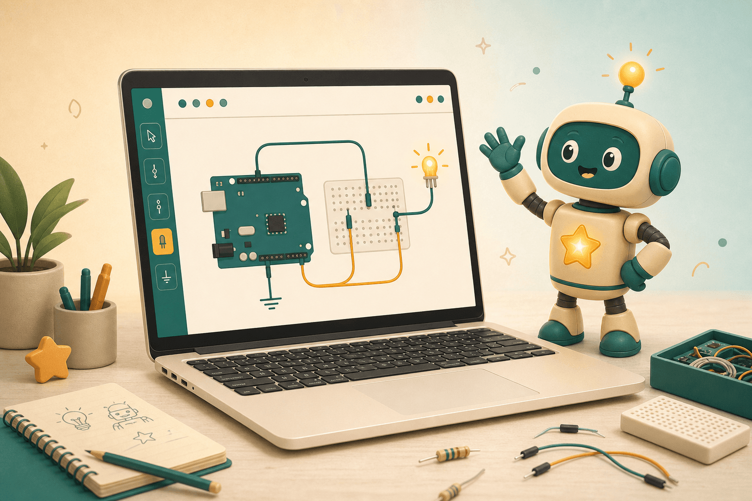 Simulador gratuito de circuitos con un mascote inventor celebrando el LED encendido